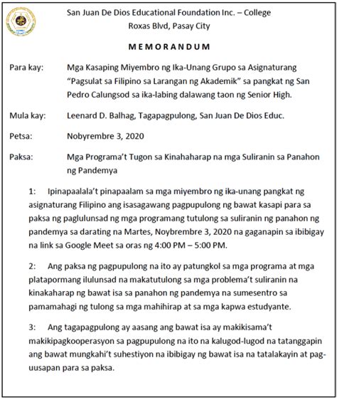 halimbawa ng memorandum tungkol sa trabaho|Halimbawa NG Memo NG Kabatiran .